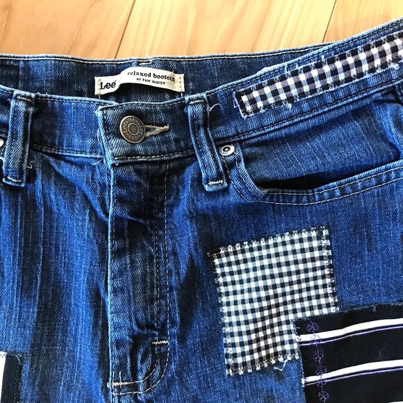 Boho Hippie Patch Jeans, Size 8 Long: Upcycled, Tropical Patchwork, Giraffes - Picture 13 of 16